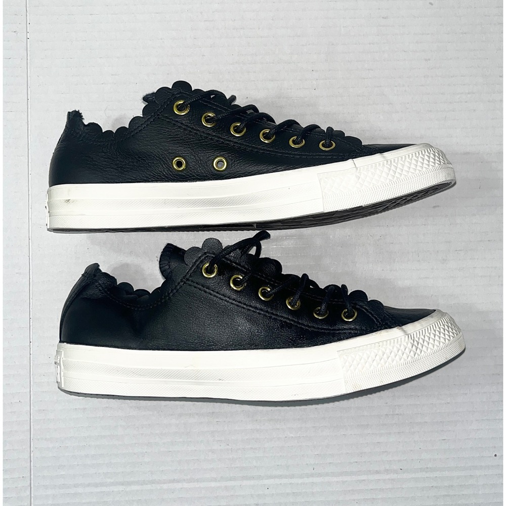 Converse Chuck Taylor All Star Frilly Thrills Black Leather Scalloped Shoes 8